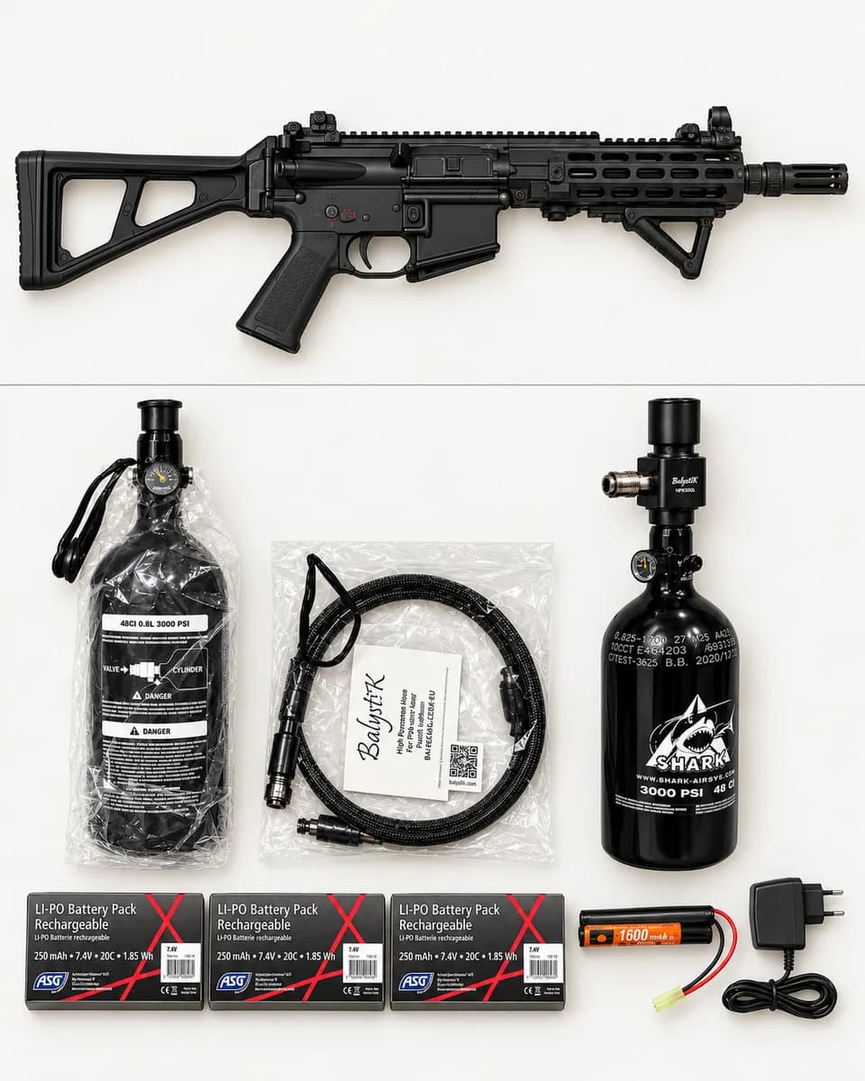 Lot complet airsoft – 5 répliques + HPA + accessoires